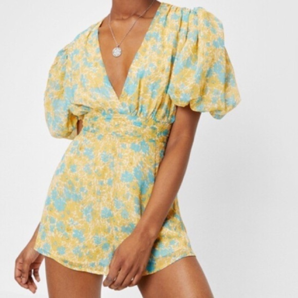 Nasty Gal Womens Floral Chiffon V Neck Puff Sleeve Playsuit Romper - Picture 16 of 16